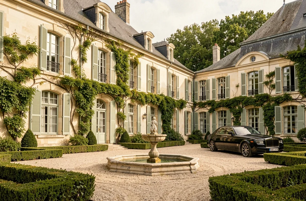 Facade du Château Lafaurie-Peyraguey dans le Sauternais, hôtel de luxe avec jardins formels et architecture en pierre calcaire
