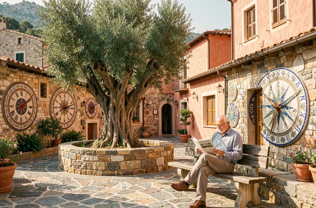 Place du village de Coaraze avec ses célèbres cadrans solaires en mosaïque céramique sur les murs de pierre