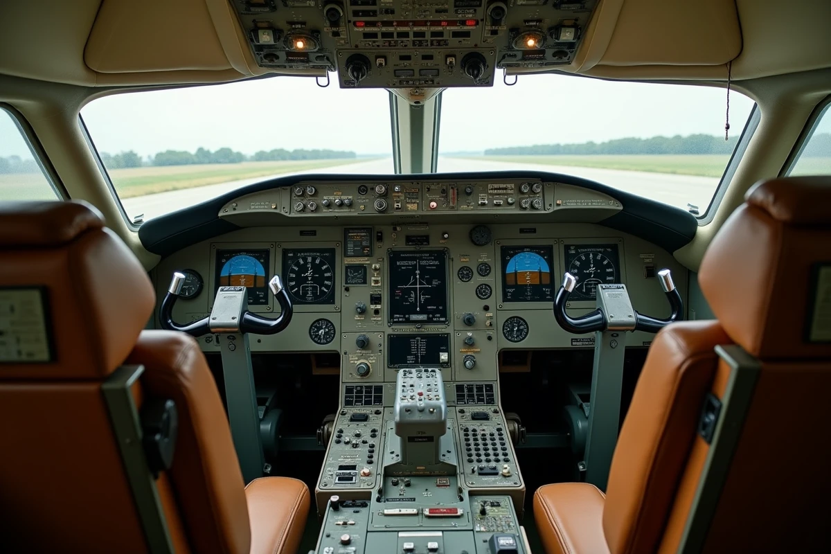 Cockpit vintage du Concorde Air France avec tableau de bord analogique complet, instruments de navigation et sièges pilote en cuir, reflet de l'ère supersonique Paris-New York