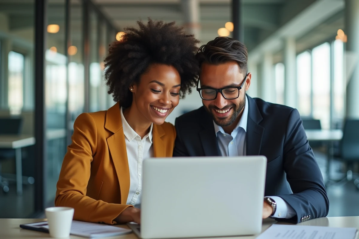 Deux collègues en espace de coworking préparant ensemble un email professionnel de congés