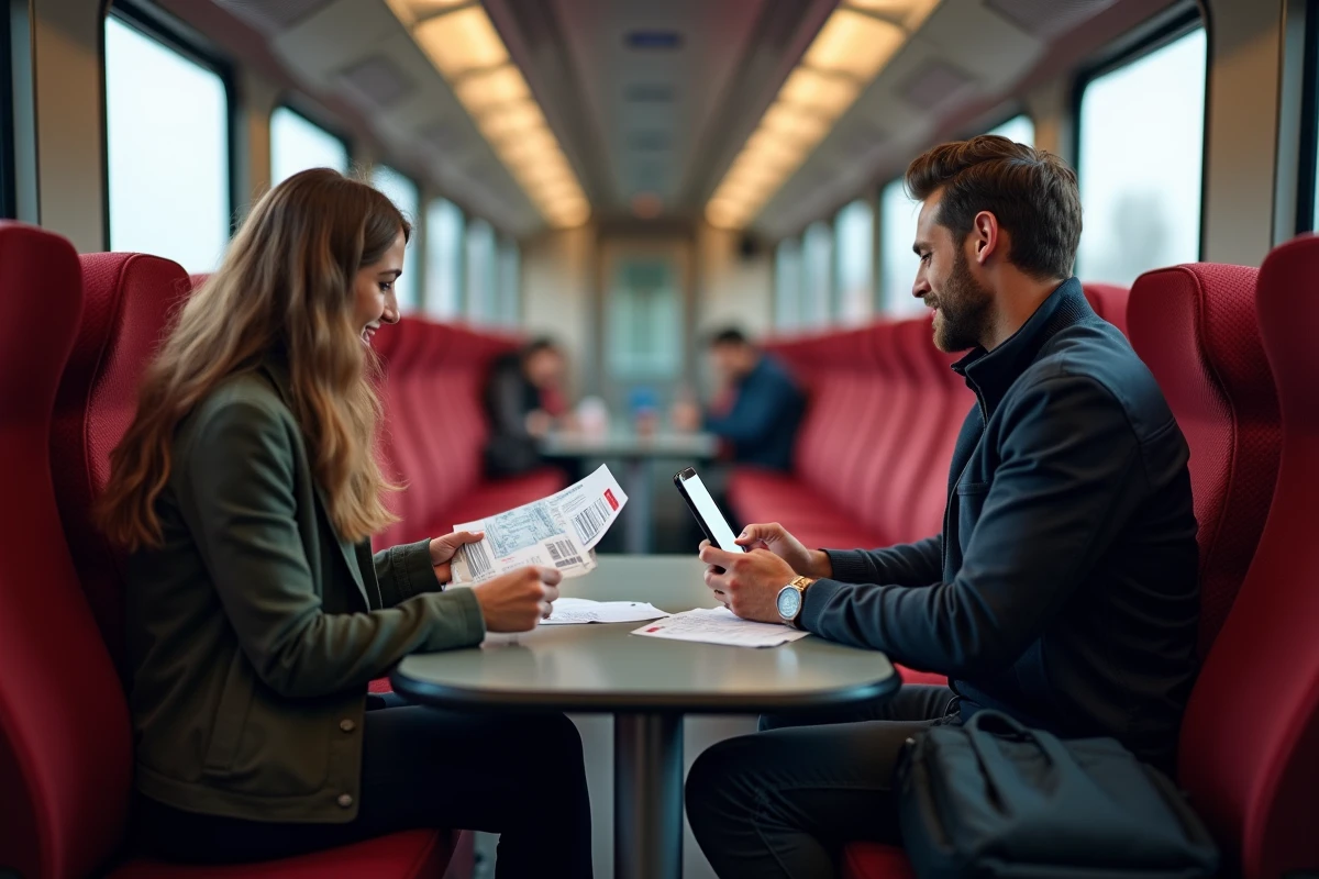 Deux voyageurs comparant des billets de train et des tarifs sur smartphone dans un Frecciarossa Lyon-Italie