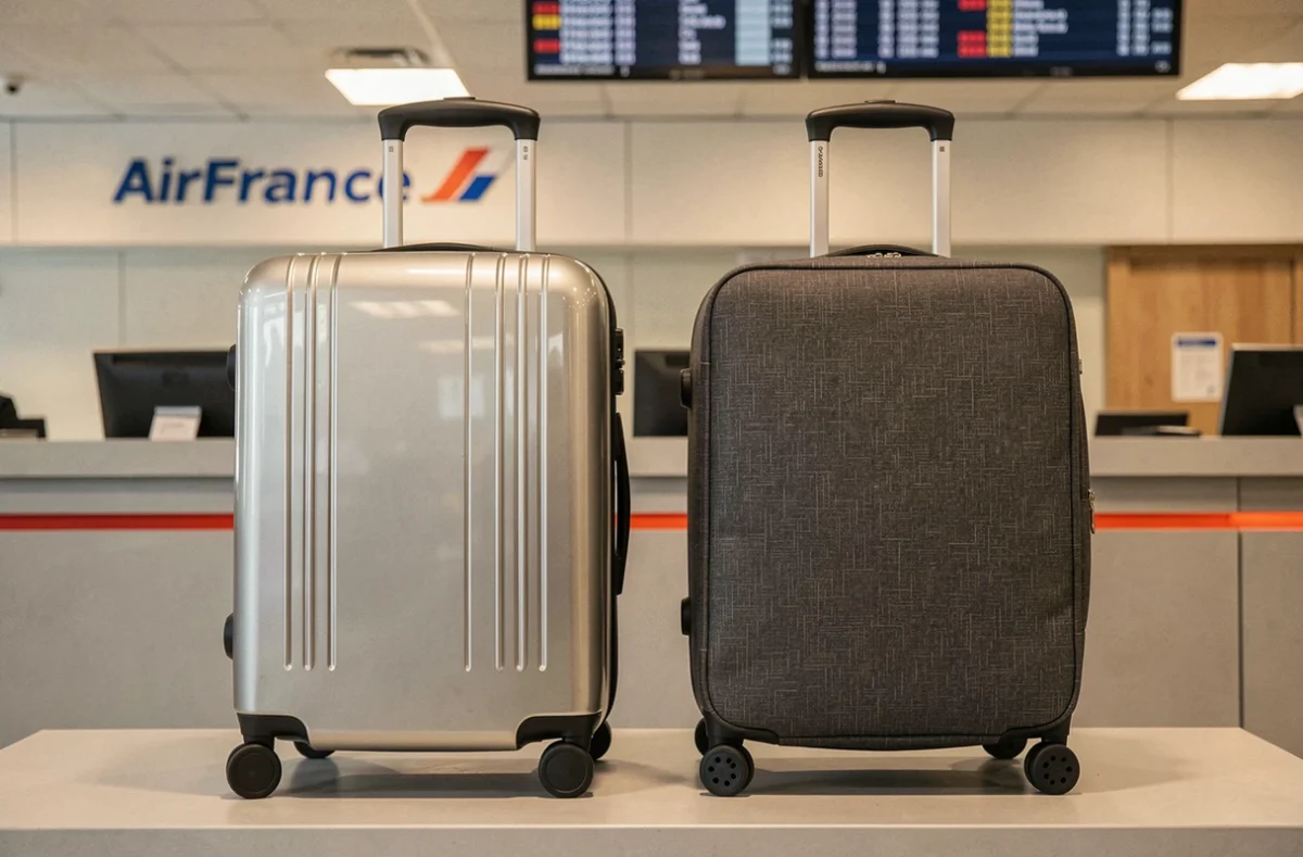 Comparaison d'une valise cabine rigide et d'une valise souple posées côte à côte sur un comptoir d'enregistrement Air France