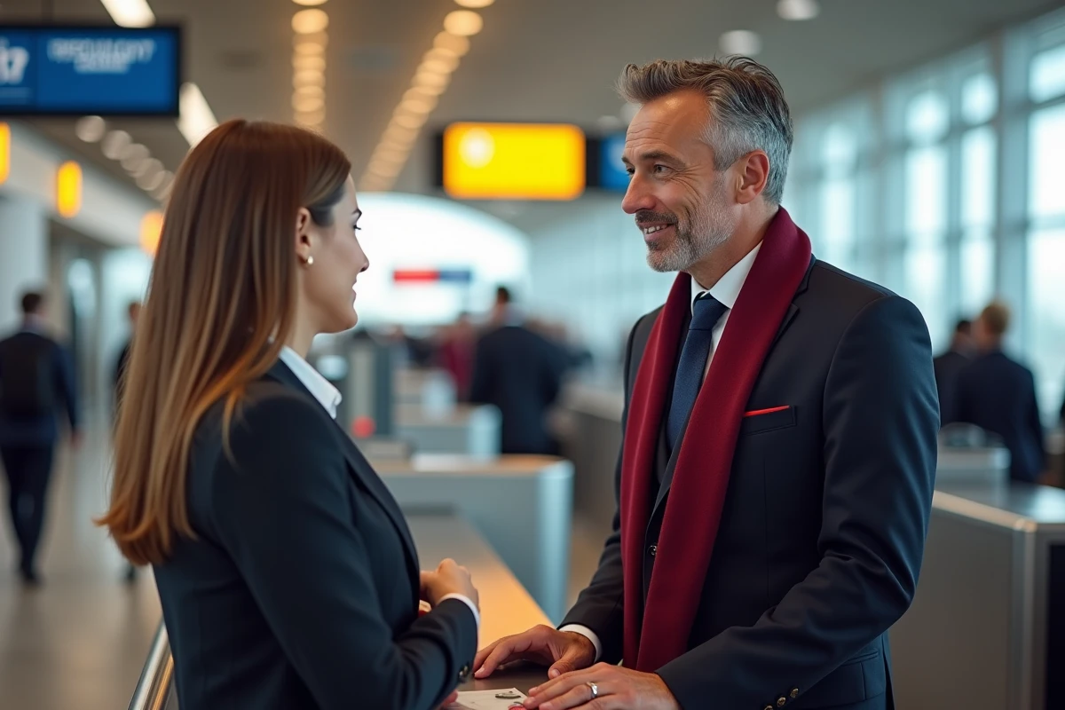 Agent Air France au comptoir d'enregistrement prioritaire aidant un passager dans un hall d'aéroport moderne