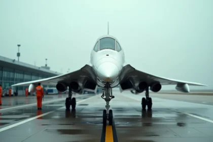 Le Concorde sur le tarmac d'un aéroport international, vue grand angle sur le fuselage emblématique et le nez effilé, héritage de l'aviation supersonique Paris-New York