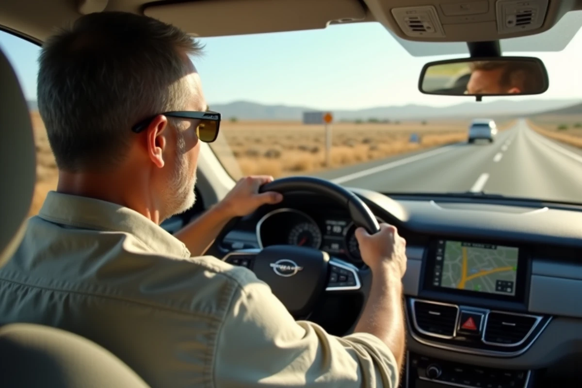 Conducteur sur une autoroute espagnole regardant son GPS avec confusion face à un embranchement de péage