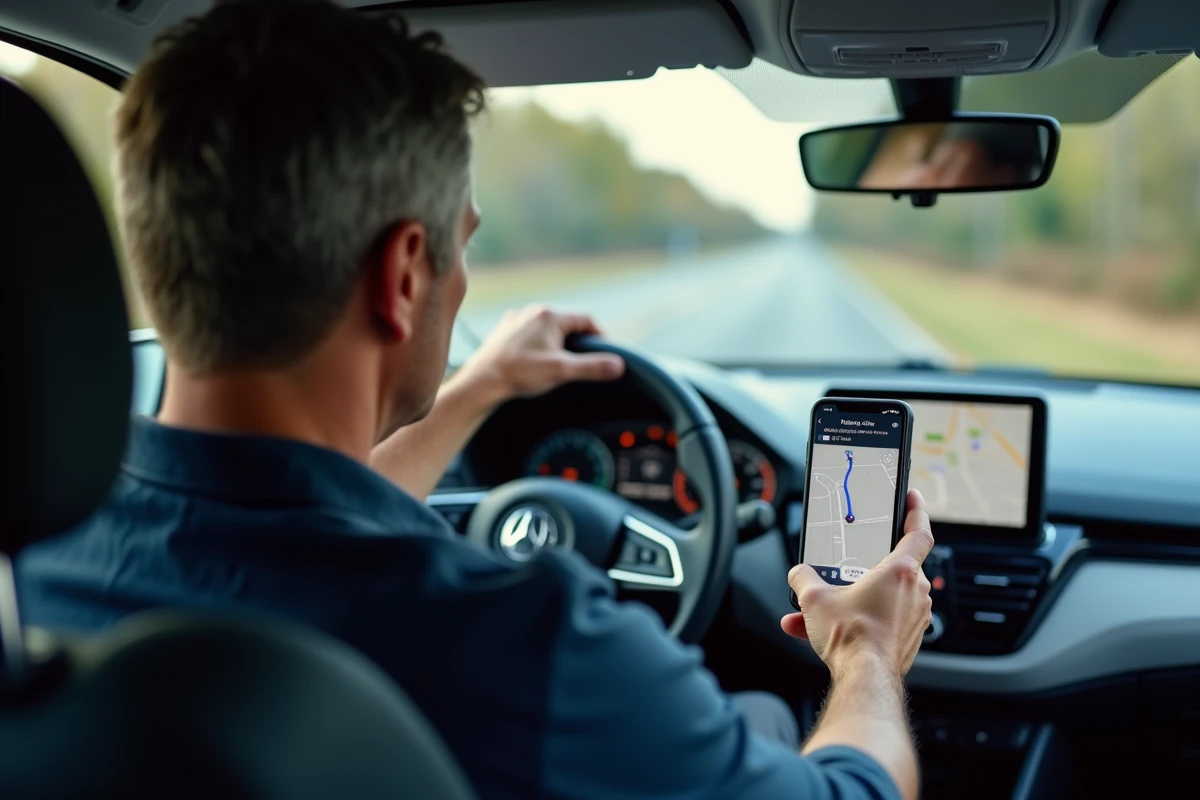 Conducteur utilisant Mappy comme GPS sur smartphone monté dans une voiture