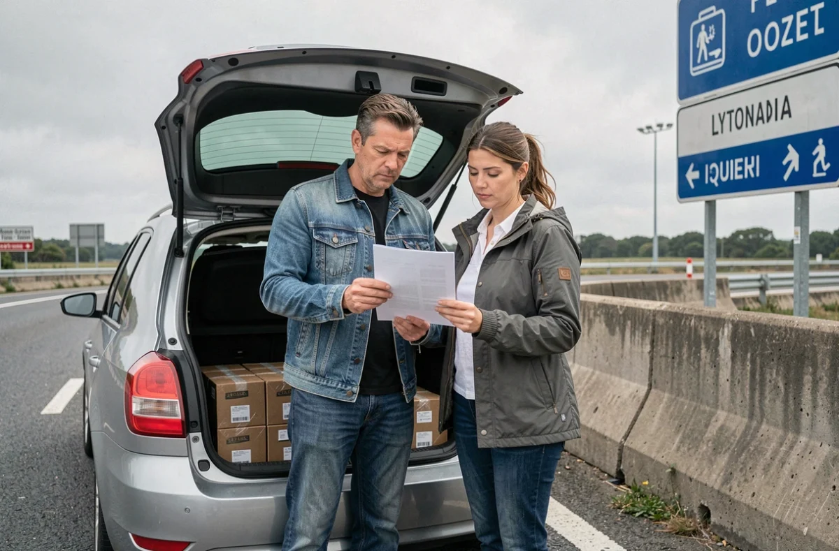 Couple vérifiant des documents douaniers près d'un coffre de voiture chargé de cartouches de tabac à la frontière franco-espagnole