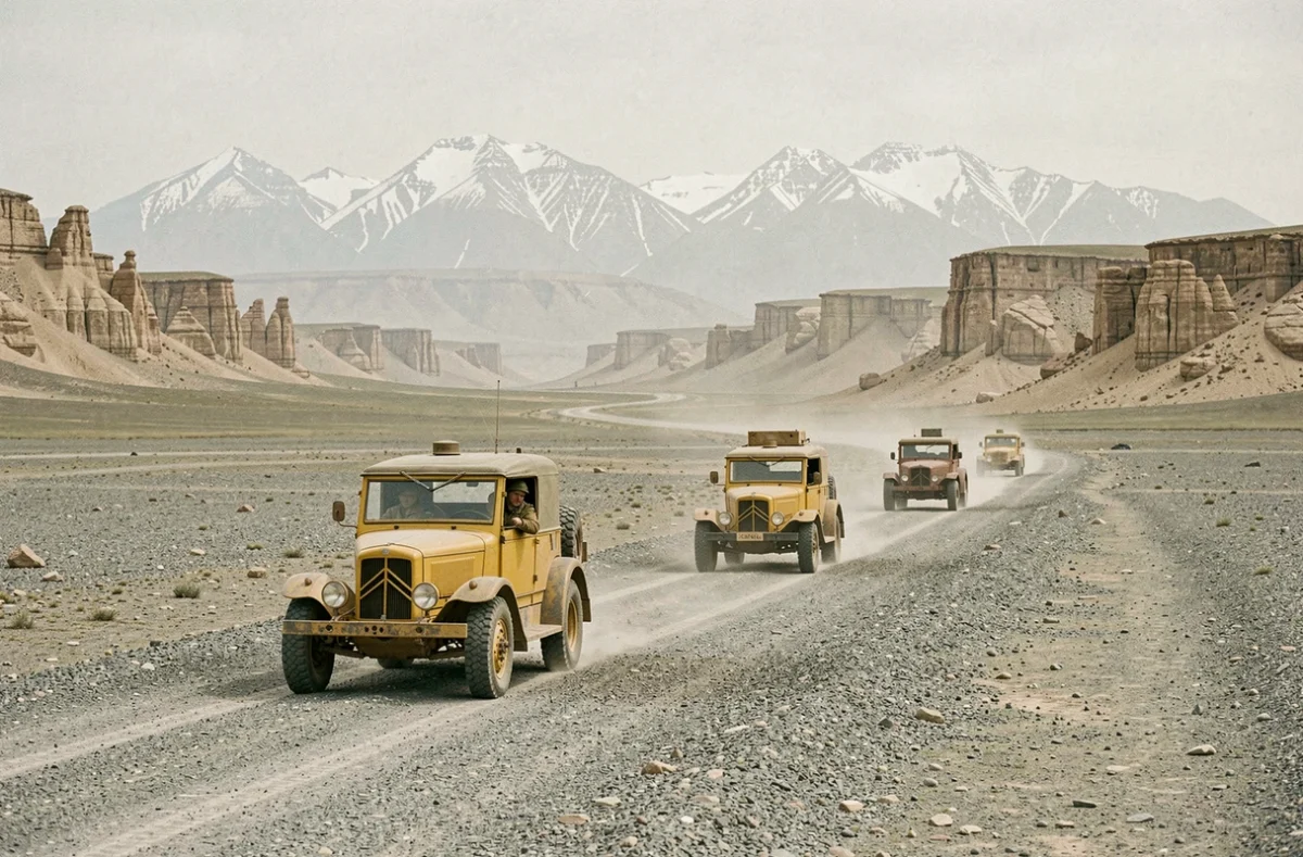 Convoi de half-tracks Citroën jaunes traversant une plaine aride d'Asie centrale lors d'une expédition d'aventure historique