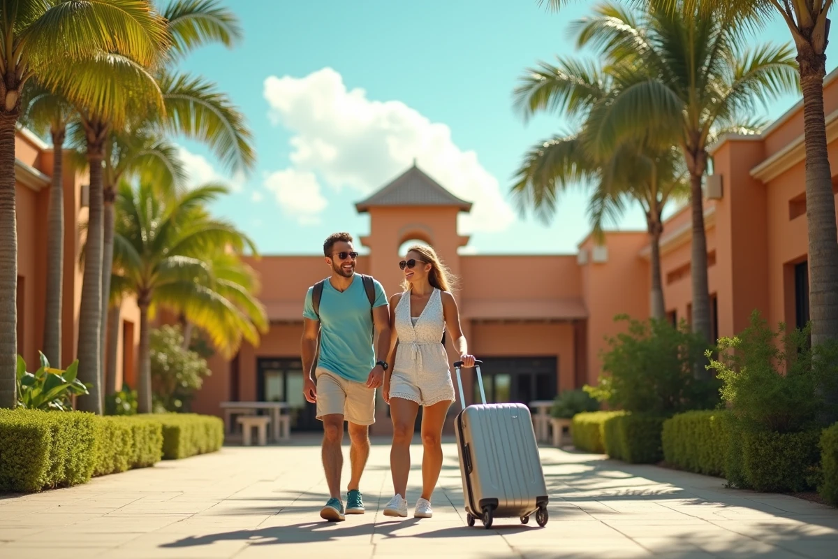 Couple de voyageurs arrivant à l'aéroport de République Dominicaine après leur vol depuis Lyon avec leurs bagages