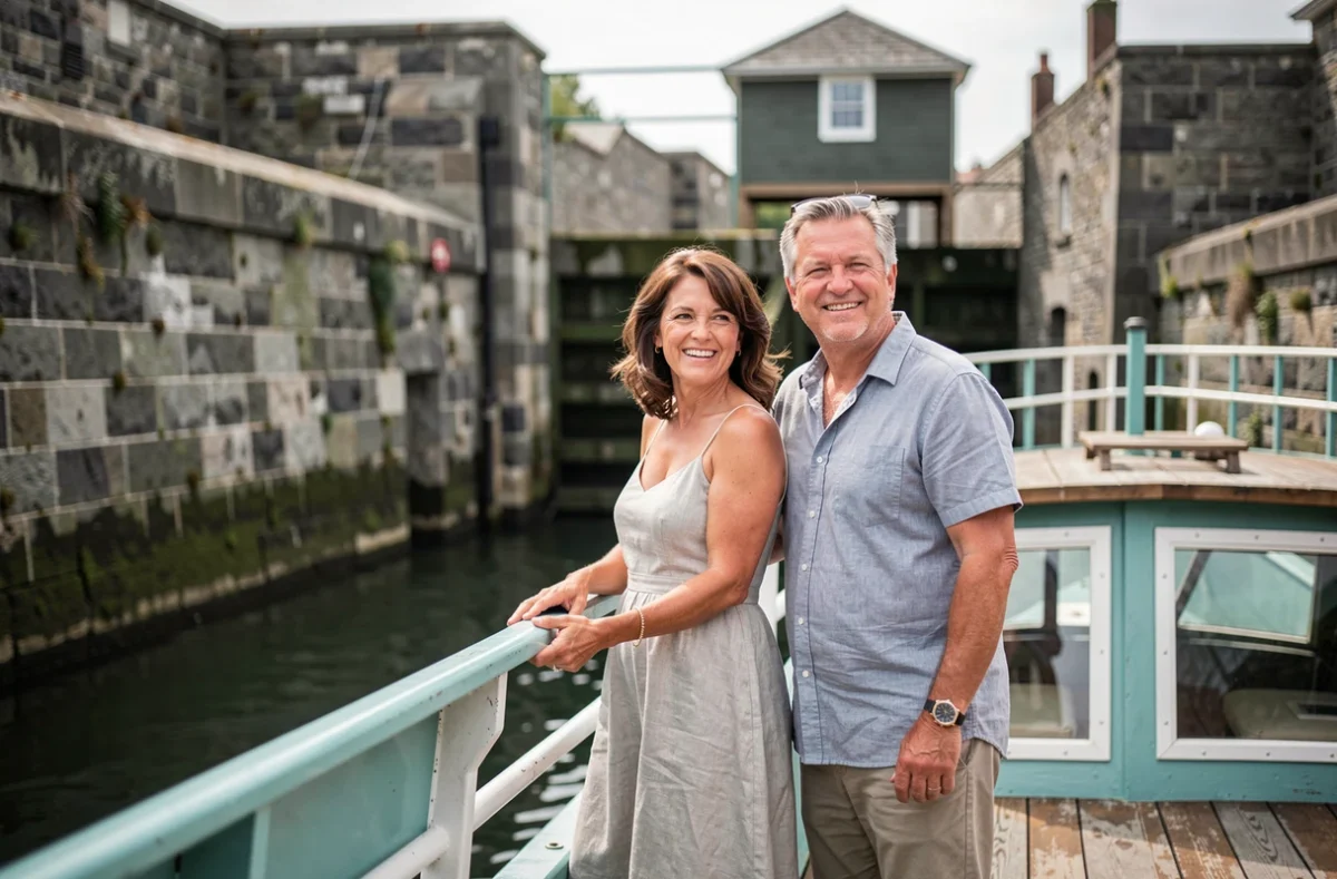Couple de touristes à la proue d'un bateau de croisière sur le Canal du Midi s'approchant d'une écluse historique