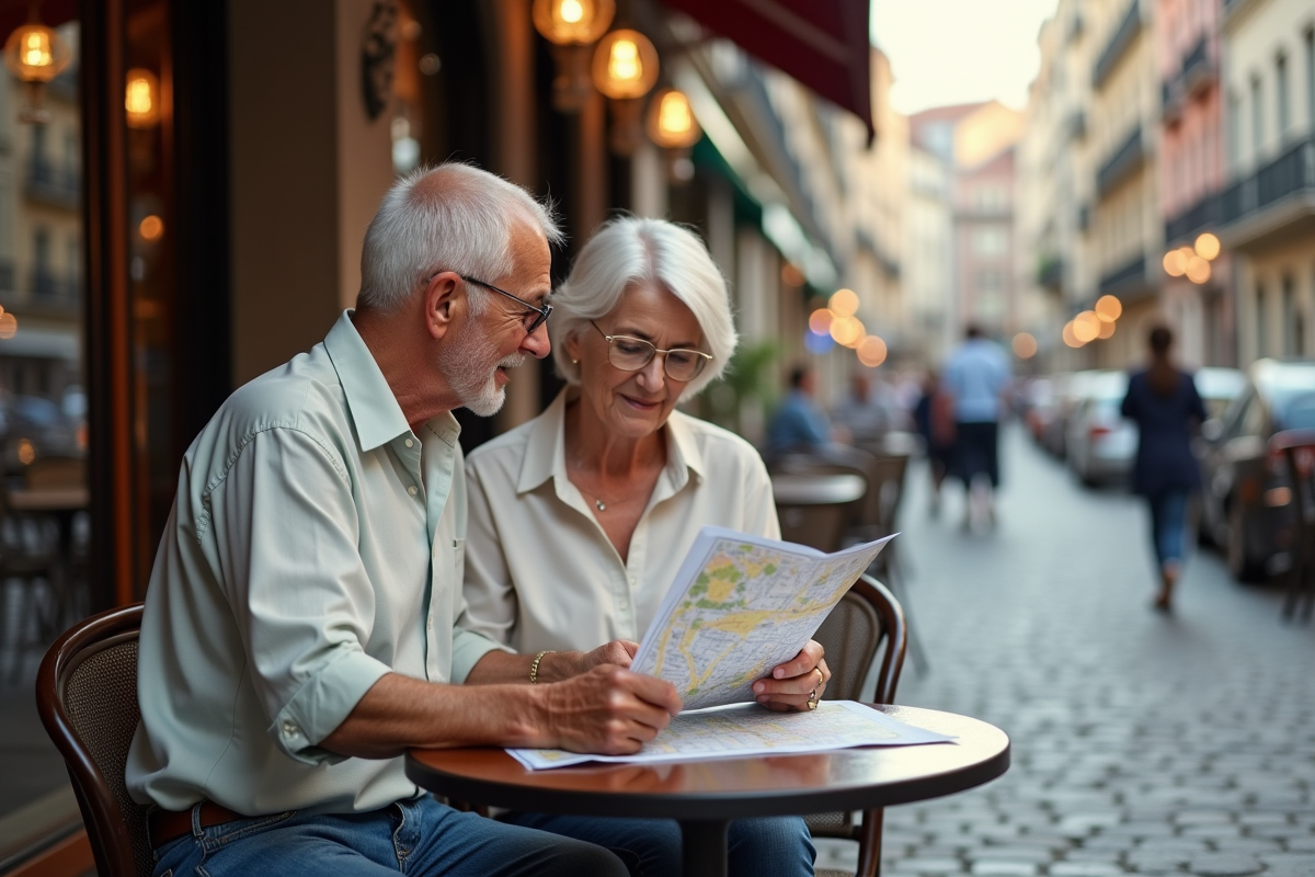 Un couple âgé consulte une carte dans un café urbain