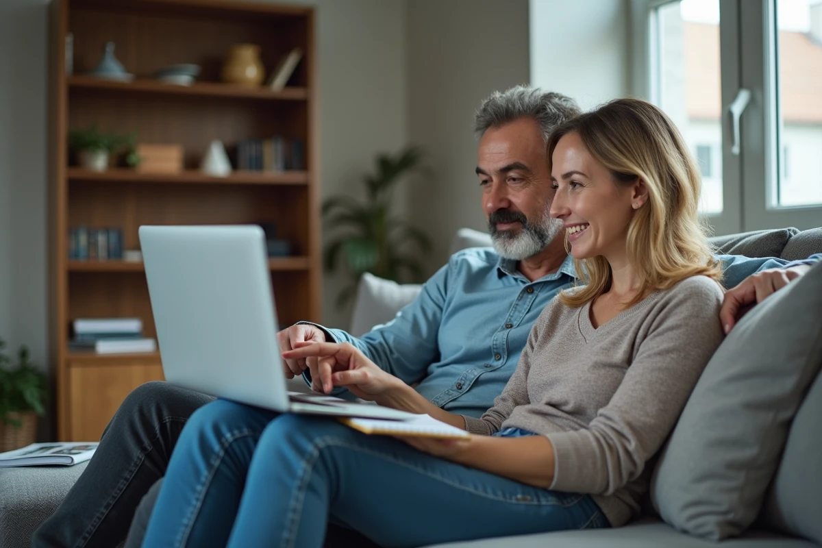 Couple consultant un devis de vacances en ligne sur un ordinateur portable dans un salon moderne