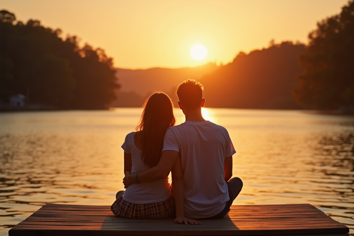 Couple assis sur un ponton au bord du lac au coucher de soleil