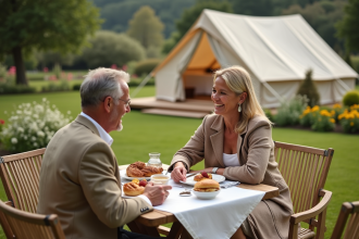 Couple élégant profitant petit déjeuner en plein air en France