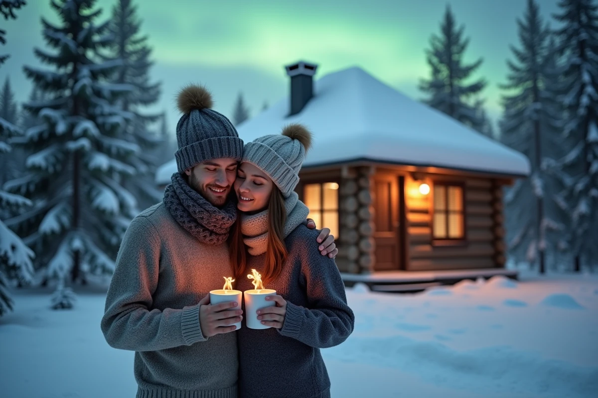 Jeune couple dans la neige devant une kota et aurore