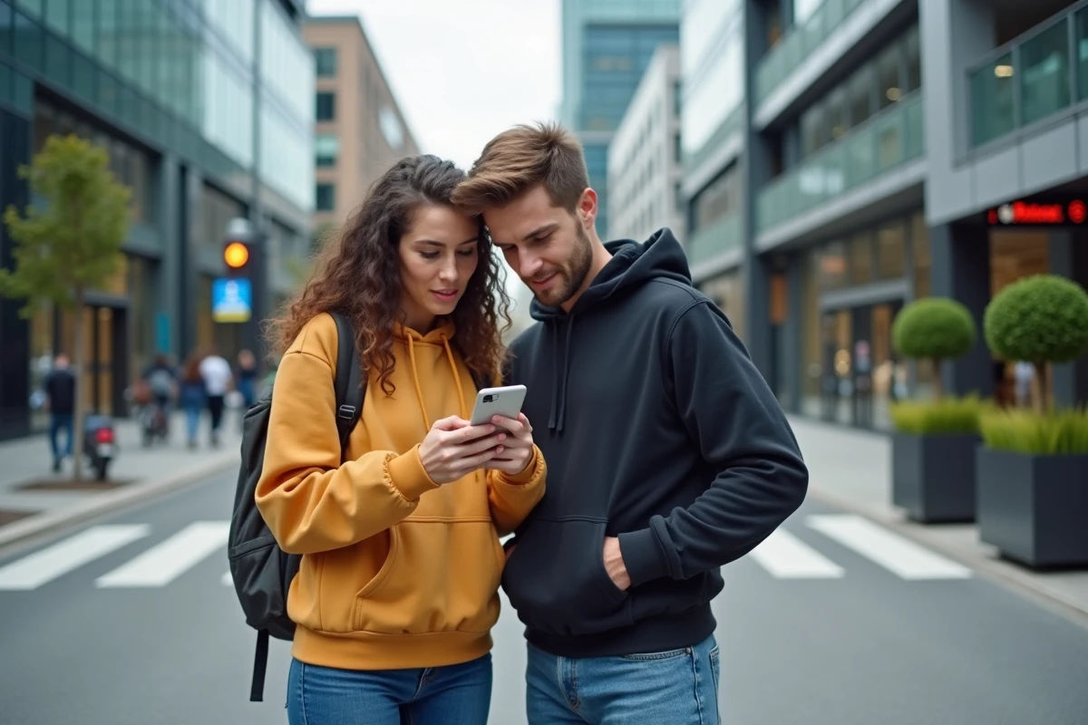 Couple consultant un itinéraire piéton sur Google Maps à un carrefour urbain moderne
