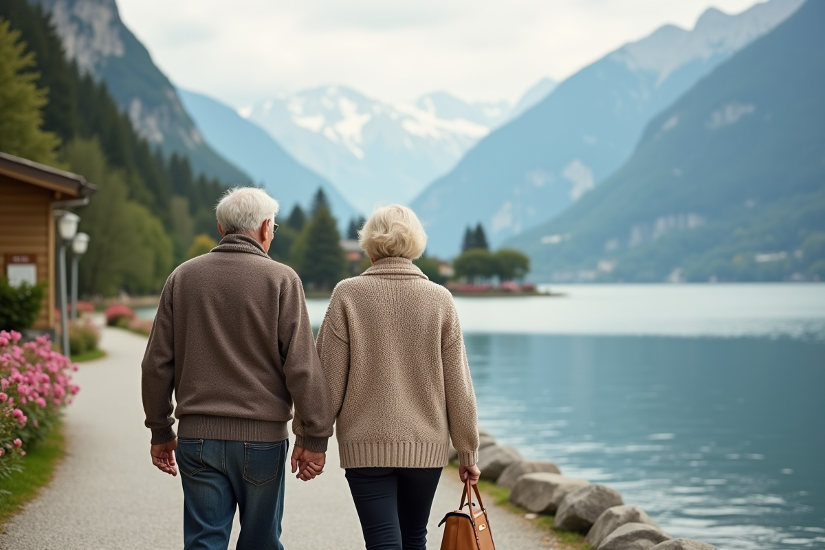 Couple âgé se promenant au bord du lac en Suisse