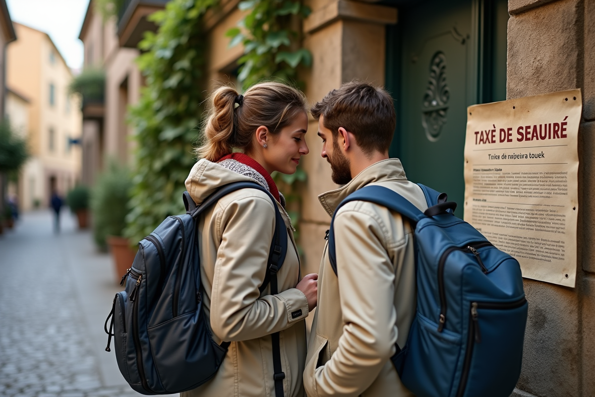 Jeune couple lit une affiche de taxe de séjour devant une maison