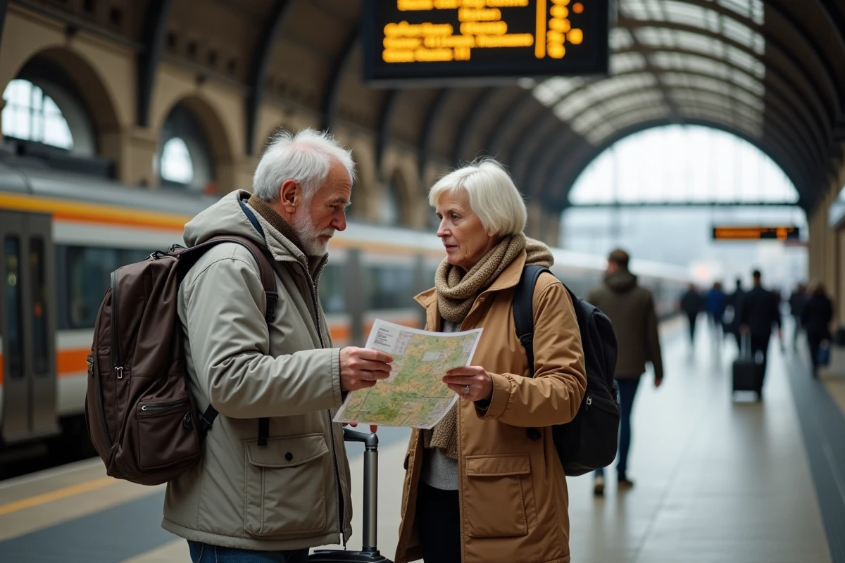 Vieux couple regardant un plan sur la plateforme de Paris