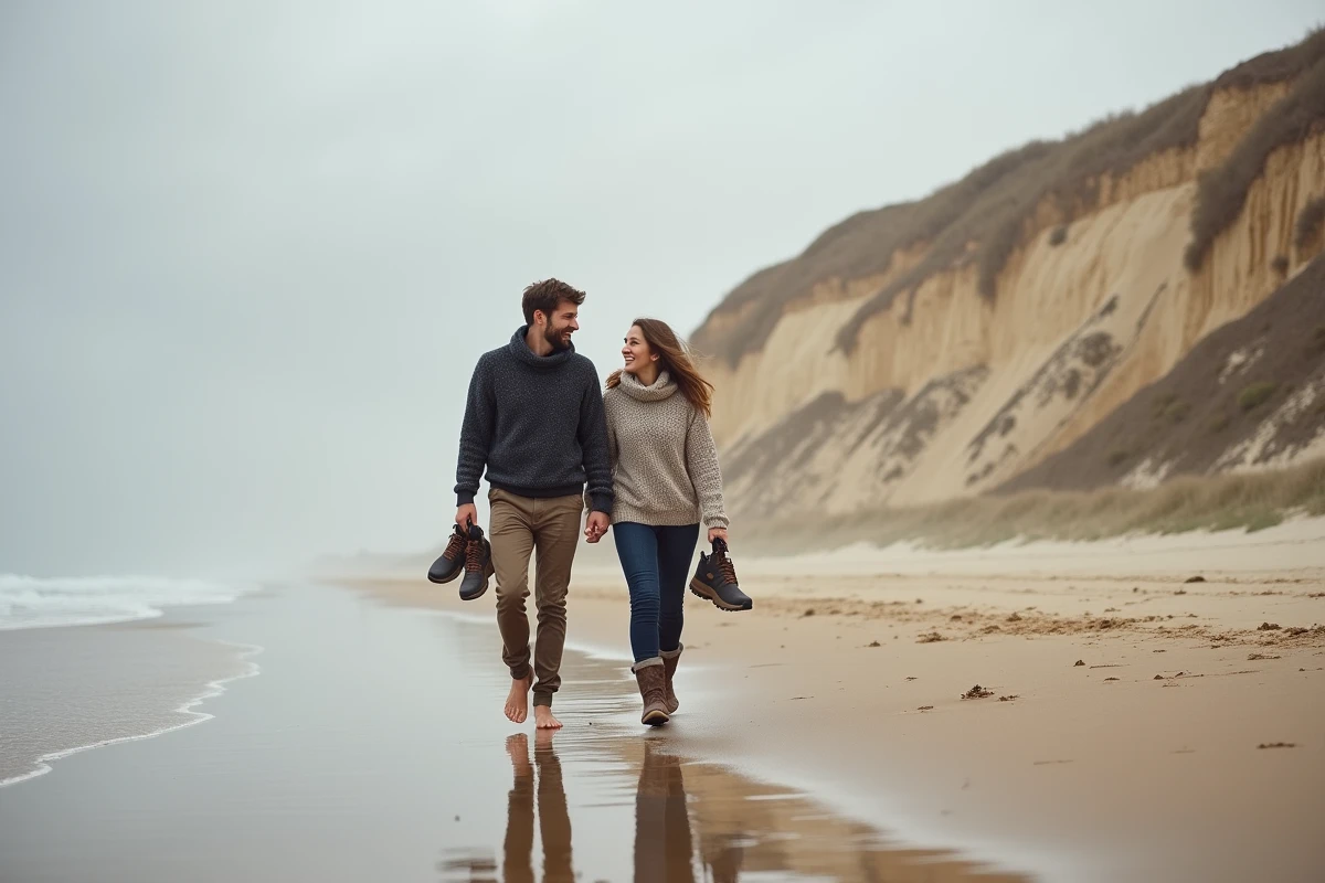 Couple se promenant pieds nus au pied de la Dune du Pilat en automne sur une plage déserte de la côte d'Arcachon