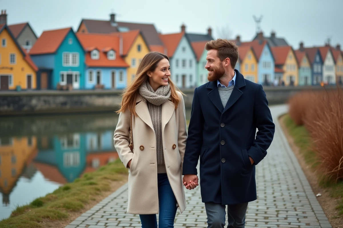 Couple se promenant main dans la main sur les quais de Saint-Valery-sur-Somme en automne