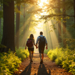 Couple en randonnée dans une forêt ensoleillée