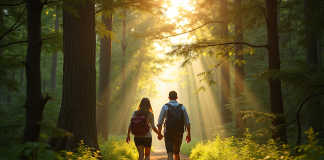 Couple en randonnée dans une forêt ensoleillée