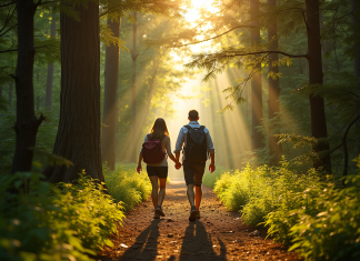 Couple en randonnée dans une forêt ensoleillée