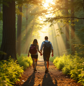 Couple en randonnée dans une forêt ensoleillée