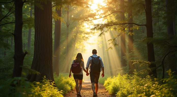 Couple en randonnée dans une forêt ensoleillée