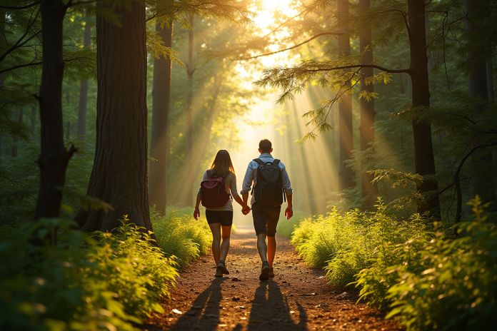 couple-randonnee-foret-soleil Couple en randonnée dans une forêt ensoleillée