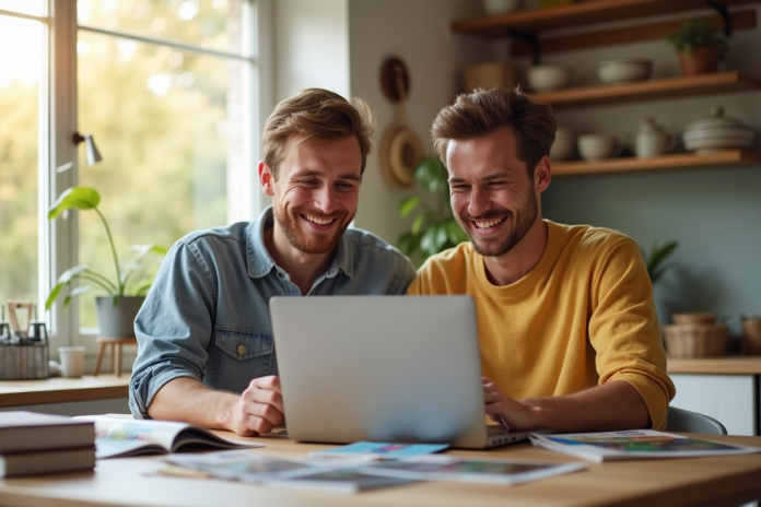 couple-reservation-airbnb Jeune couple cherchant à réserver un Airbnb à la maison