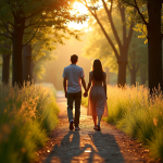 Couple main dans la main dans la forêt provençale au coucher du soleil