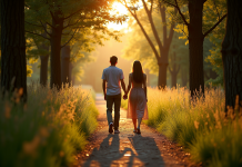 Couple main dans la main dans la forêt provençale au coucher du soleil