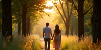Couple main dans la main dans la forêt provençale au coucher du soleil