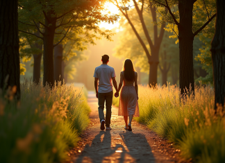 Couple main dans la main dans la forêt provençale au coucher du soleil