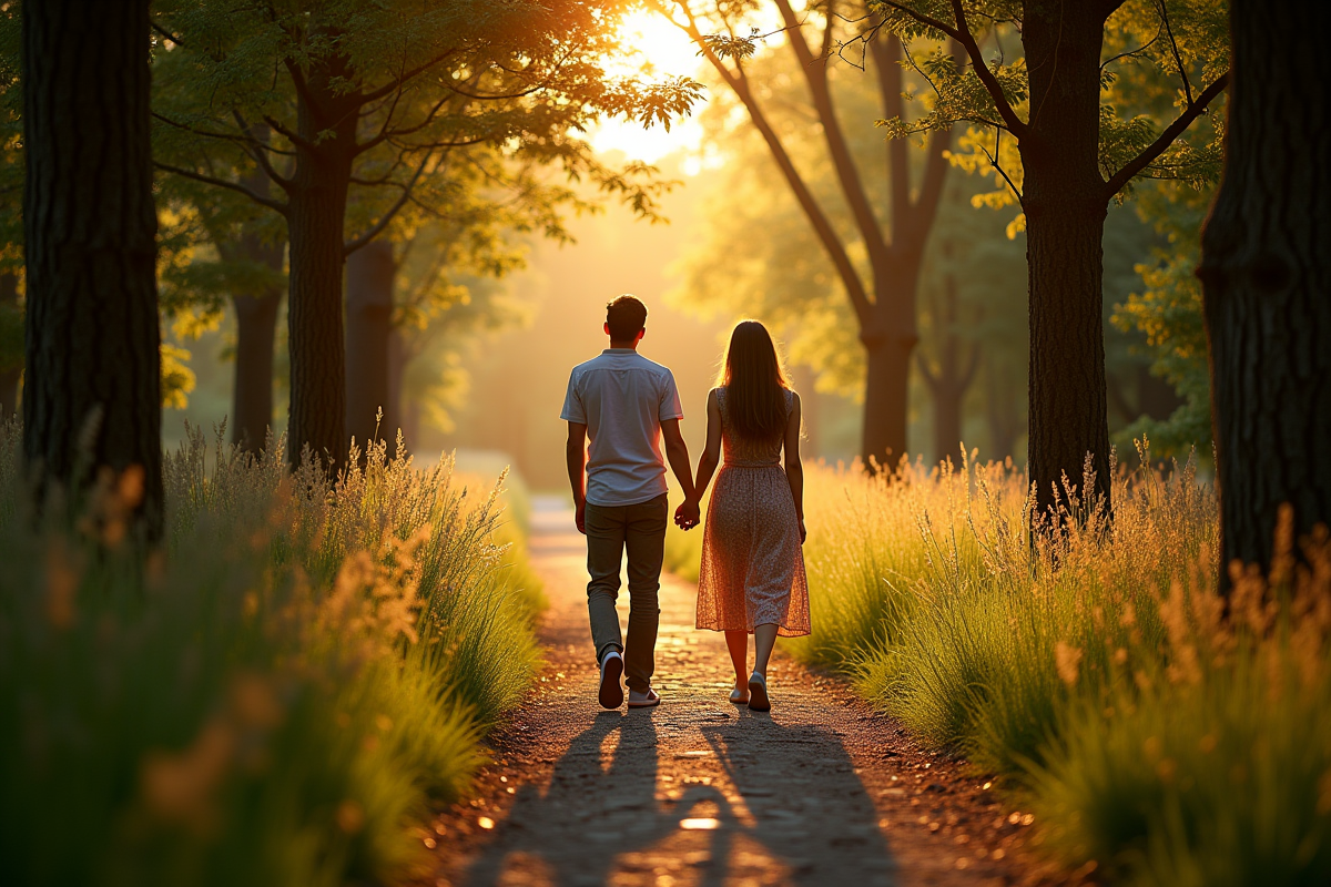 Couple main dans la main dans la forêt provençale au coucher du soleil