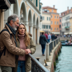Couple à la station vaporetto à Venise avec canal et bâtiments