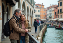 Couple à la station vaporetto à Venise avec canal et bâtiments