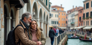 Couple à la station vaporetto à Venise avec canal et bâtiments