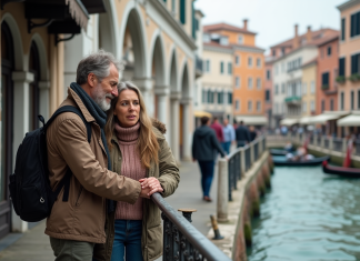 Couple à la station vaporetto à Venise avec canal et bâtiments