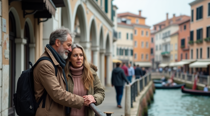 Couple à la station vaporetto à Venise avec canal et bâtiments