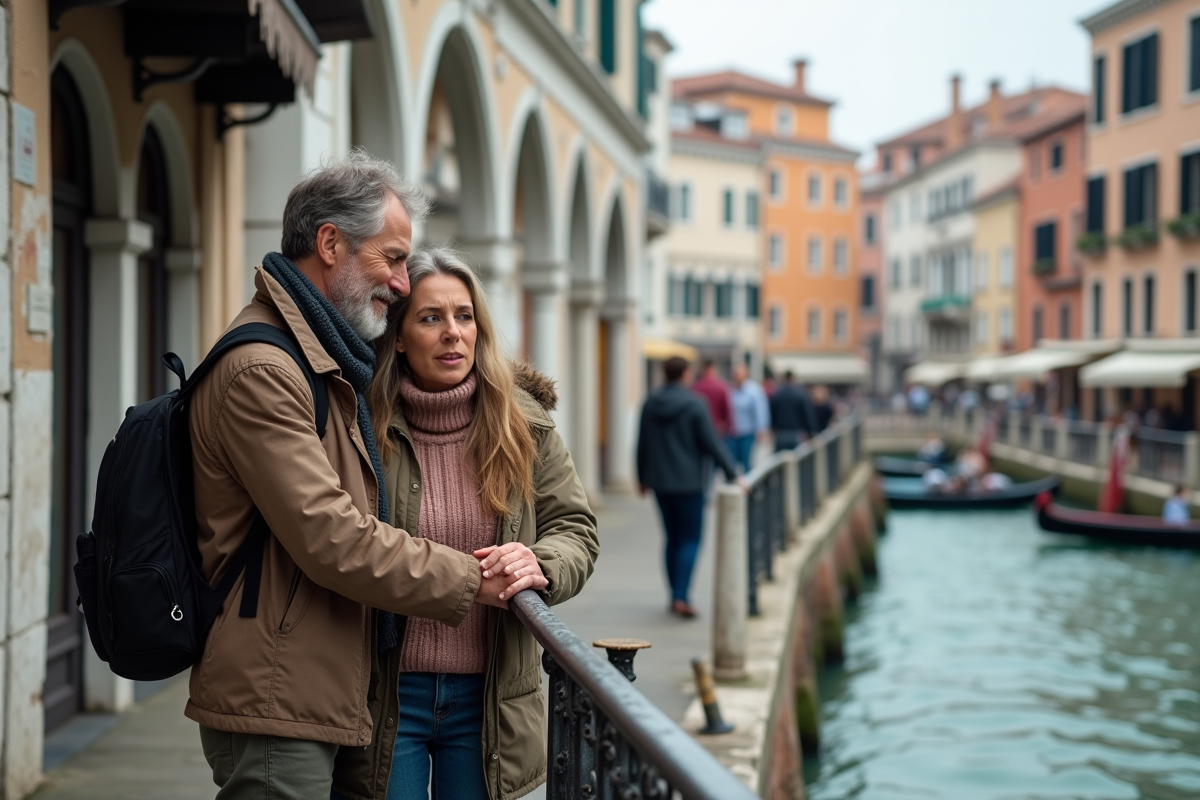 Couple à la station vaporetto à Venise avec canal et bâtiments