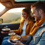 Jeune couple dans une voiture moderne en scenic viewpoint utilisant un réchaud portable