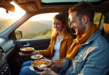 Jeune couple dans une voiture moderne en scenic viewpoint utilisant un réchaud portable