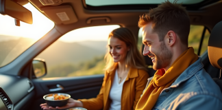 Jeune couple dans une voiture moderne en scenic viewpoint utilisant un réchaud portable