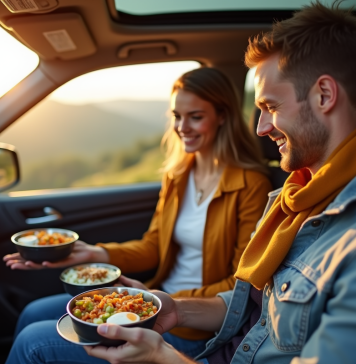 Jeune couple dans une voiture moderne en scenic viewpoint utilisant un réchaud portable