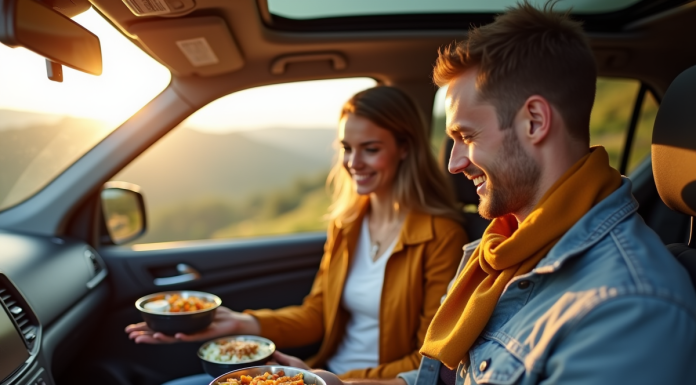 Jeune couple dans une voiture moderne en scenic viewpoint utilisant un réchaud portable