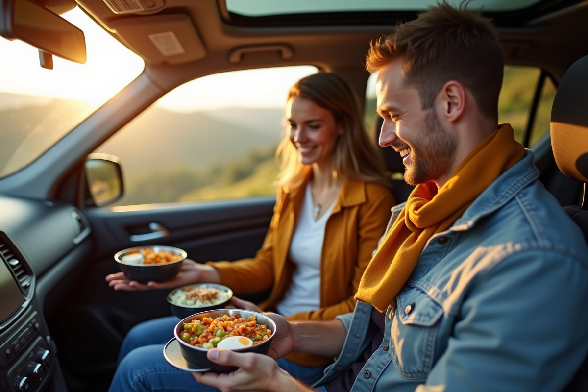 Jeune couple dans une voiture moderne en scenic viewpoint utilisant un réchaud portable
