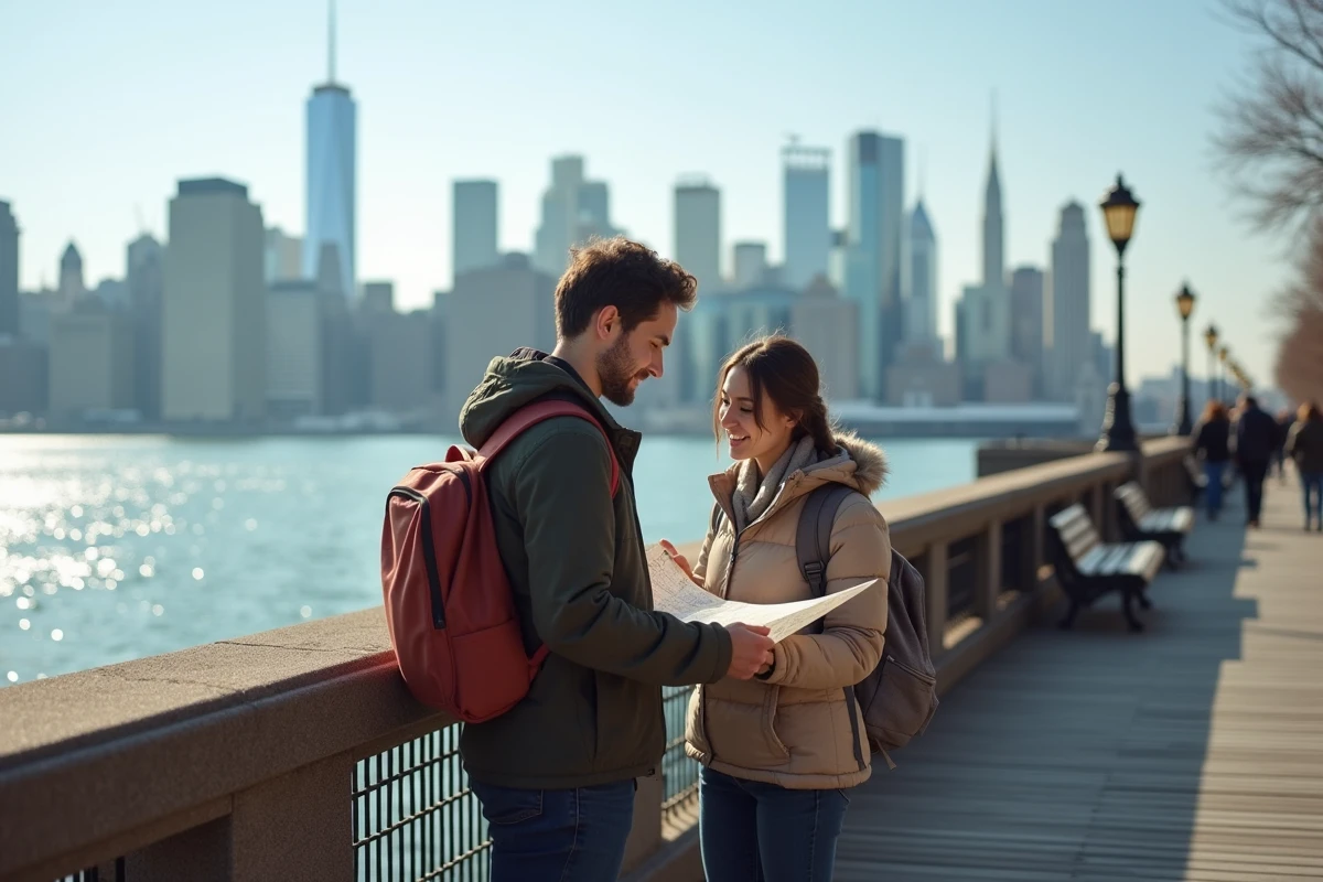 Couple de voyageurs consultant une carte sur le front de mer de Brooklyn après leur arrivée depuis Montréal